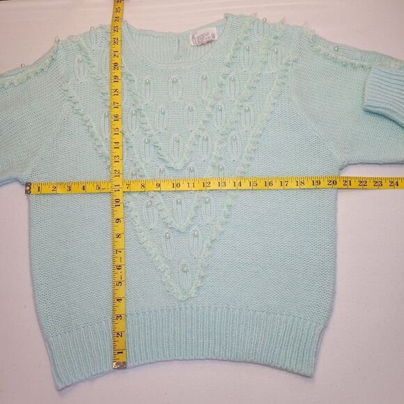 Debra Martin Vintage Women's Mint Blue Knit Sweater Lace Pearl Embellished - Picture 10 of 11